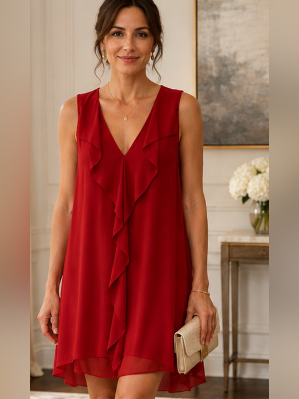BCBGMaxAzria Red Sleeveless V-Neck Ruffle Shift Dress